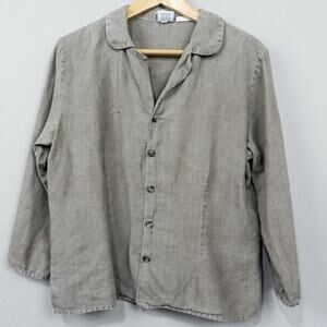 CP Shades Beige Brown Pure‎ Irish Linen Button Up Blouse Size S V Neck Top